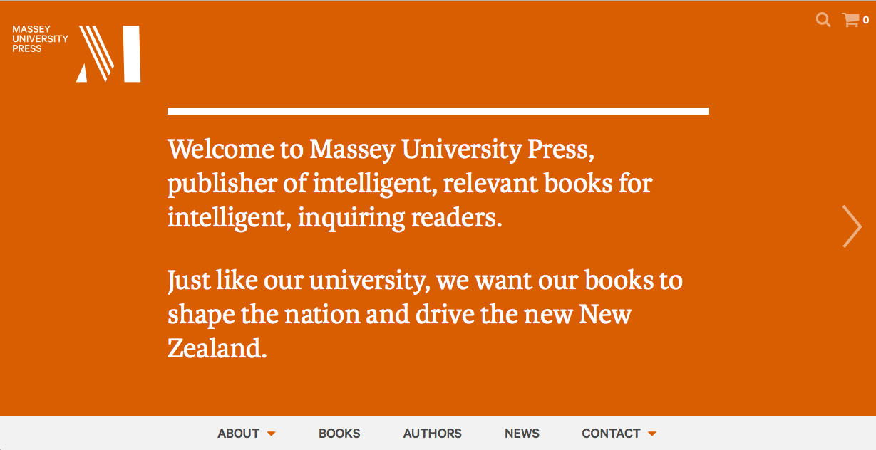<p>The landing page of Massey University Press’s new website.</p>